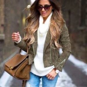 SL8 Olive Green Genuine Suede Moto Jacket Women’s Cropped Biker Jacket